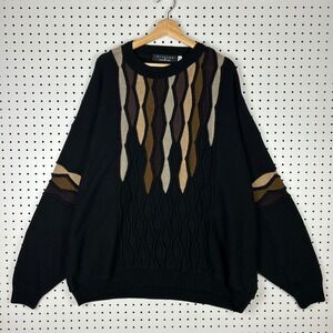 Protege Collection 3XL Black Brown Abstract Cable Knit Crewneck Sweater USA 90s
